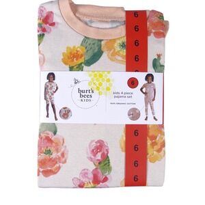 Burts Bees Kids 4 Piece Pajama Set 6 Organic Cotton Floral Llama Orange NEW
